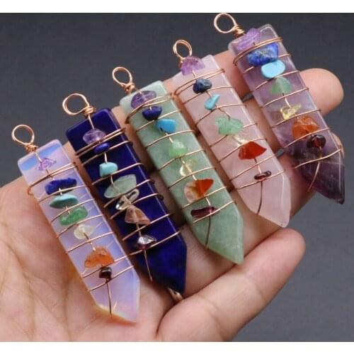 6pcs Chakra Sword Shape Quartz Crystal Pendant Natural Stone Manual Wnding Necklace Pendants Jewelry Making Healing Pendulum