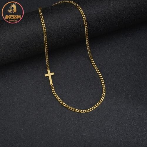 Akizoom Simple Punk Cross Symbol Pendants Necklaces for Women Men Stainless Steel Cuban Solid Chain Unisex Wrist Jewelry Gift