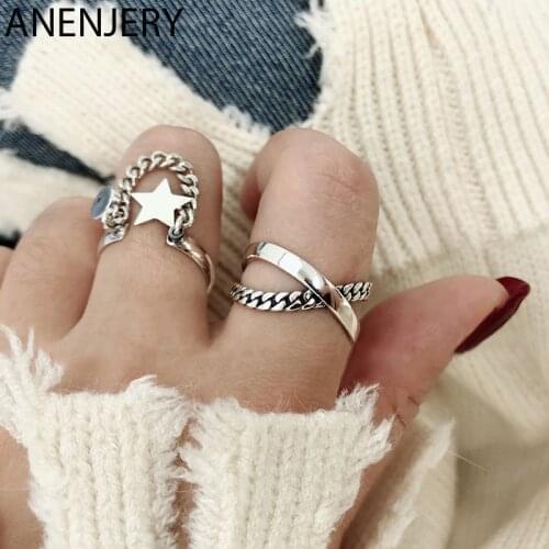 ANENJERY 925 Sterling Silver Tassel Chain Stars Rings for Women Men Vintage Weaving Cross Geometric Hiphop Jewelry Gift S-R947
