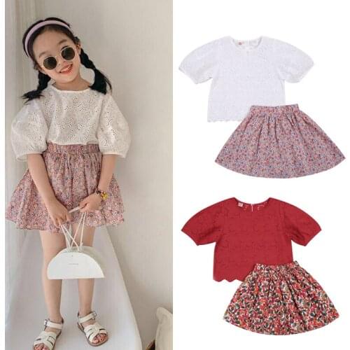 2021 Fashion Kids Baby Girl Clothes Flower Hollow Solid Color Short Sleeve Blouse Top+Floral A-line Skirt Summer Casual Set