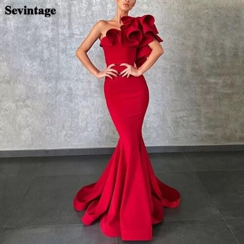 Sevintage Red Mermaid Long Evening Dresses Elastic Satin Prom Party Gowns Ruffles Floor Length One Shoulder Formal Women Dress