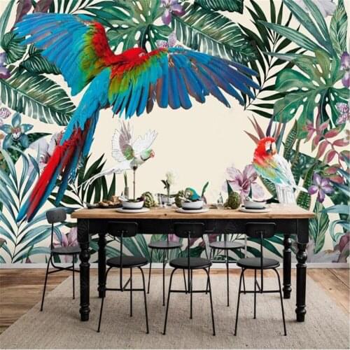 Milofi custom wall wallpaper mural Nordic hand-painted tropical rainforest plant parrot background wall paper mural