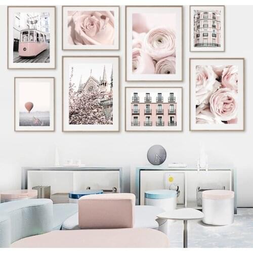 City Street View Rose Peony Retro Tram Wall Art Canvas Painting Nordic Posters And Prints Wall Pictures For Living Room Decor