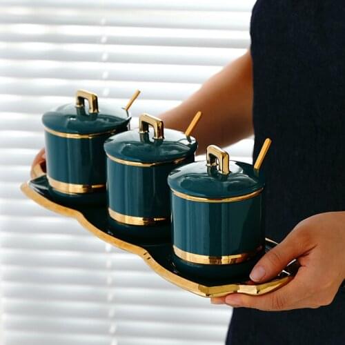 Bei ou shi Light Luxury Dark Green Ceramic Sugar Salt Condiment Pot Condiment Bottles diao liao wan Four Flower Nectar Tank