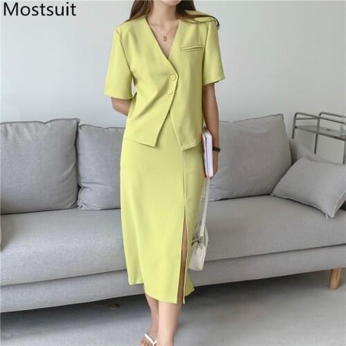 Korean Workwear Skirt Suits Sets Women Summer Short Sleeve Blazer + Splitting Skirt Suits Office Ladies Korean Two Piece Sets