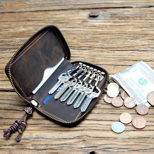 Genuine Leather Key Wallet For Men Cowhide Vintage Mens Zipper Keys Bag Case Coin Purse Organizer Housekeeper With Card Holders
