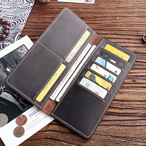 Genuine Leather Wallet For Men Male Vintage Handmade Crazy Horse Leather Cowhide Long Bifold Slim Wallets Purse Card Holder Man