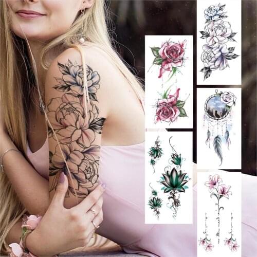 Beauty Peony Flower Temporary Tattoos For Women Girls Lotus Chains Tattoo Sticker Dream Catcher Fake Rose Lily Tatoos Body Art
