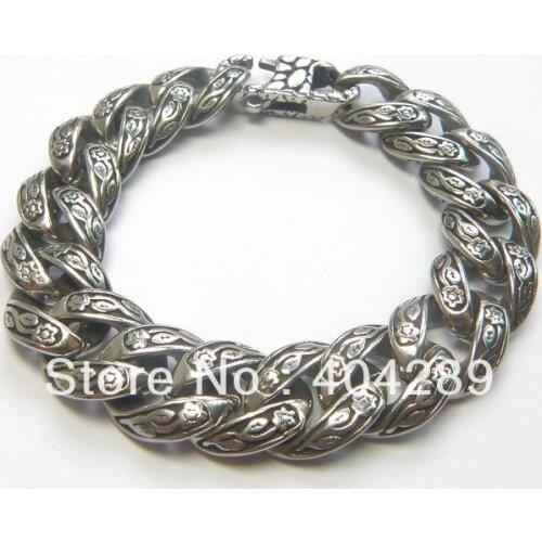 Mens 15mm Width Solid Stainless Steel Cast Flower Cuban Chain Bracelet 8.5" 54g SB02