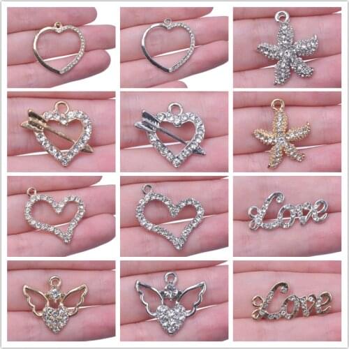 15pcs/Lot DIY Rhinestone Heart Charms For Jewelry Making Supplies Love Word Pendant Charm Handmade Necklace Earring Accessories