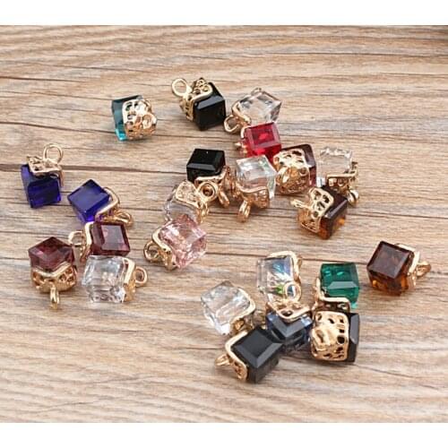 5pcs/pack 8x11mm Colorful Cube Crystal Glass Charm Pendant Fit For DIY Necklace/Bracelet/Earring Making With Alloy y1568