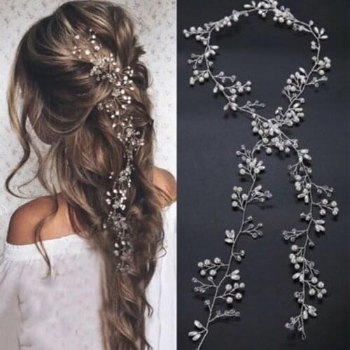 Crystal Pearl Bridal Tiaras Hairbands Hairpins Bridesmaid Diamante Hair Vine Accessories Wedding Jewelry 50cm Headwear