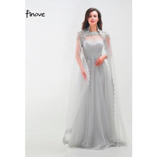 Finove Evening Dress Long 2020 Elegant Silver Tulle Appliques With Cloak Sexy See Through In Women'Dresses Vestido de fiesta