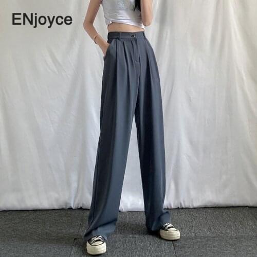 Vintage Gray High Waist Loose Suit Pants Office Ladies Plus Long Pant Female Wide-legged Pant Korean Stylish Trousers