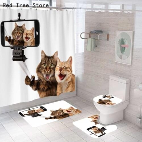 Cartoon Printed 3D Cute Cats 4pcs Set Waterproof Shower Curtain 12 Hooks Polyester Non-Slip U Shape Mat Rug Toilet Cover Decors