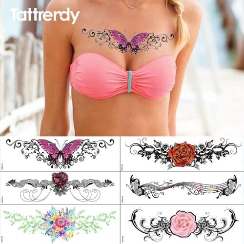 Under Breast Sternum Temporary Tattoo Rose Flowers Lace Diamond Pattern Body Chest Art Painting Fake tattoos sticker waterproof