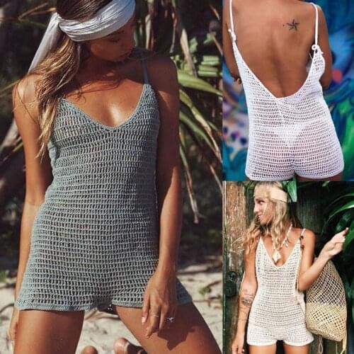 Hand Crochet Mini Dress low-cut back fitted halter Beach Dress short mini length