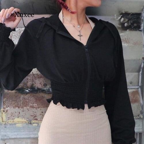 Vintage Casual Gothic Womens Coat Harajuku Zipper Aesthetic Ruffle Female Jacket Puff Sleeve Autumn 2020 Hoodied Punk