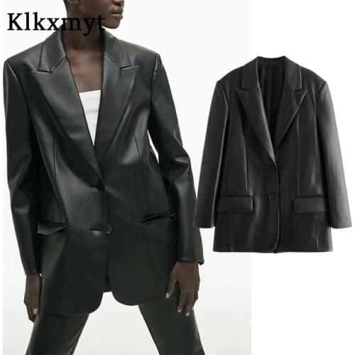 Klkxmyt Za Women Blazer 2021 Fashion Imitation Leather Blazer Coat Vintage Long Sleeve Fake Pockets Female Outerwear Chic Tops