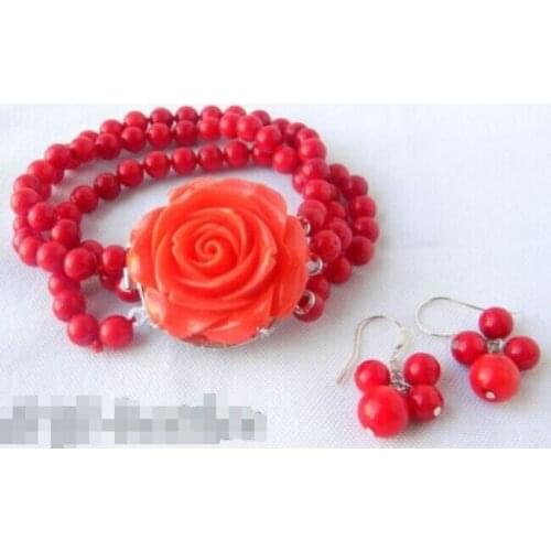 Womens Wedding 3Strands 6MM Round Coral Bracelet Earring Set real Ms.-jewelry Ms.-jewelrynoble ladys