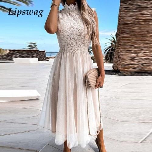 Summer Sexy Sleeveless Dress Turtleneck Casual Mesh Crochet Lace Office Lady Long Dress Women Elegant Patchwork Printed Dresses