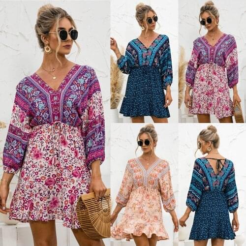 Sweet A-Line Bohemian Floral Dress Lace Up Backless Elegant Womens Summer Dress 2021 Lantern Sleeve Above Knee,Mini Robe Femme