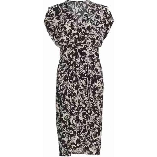 2021 Autumn Woman Floral print Viscose Midi Dress V-neck Sleeveless Ruffled Pleats Slim Waist Fashion Dress