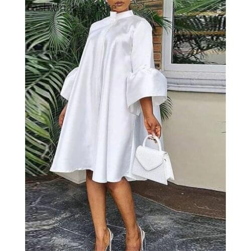 Stand Collar Flare Sleeve Button Loose A-Line Dress Plus Size Women Casual Dress