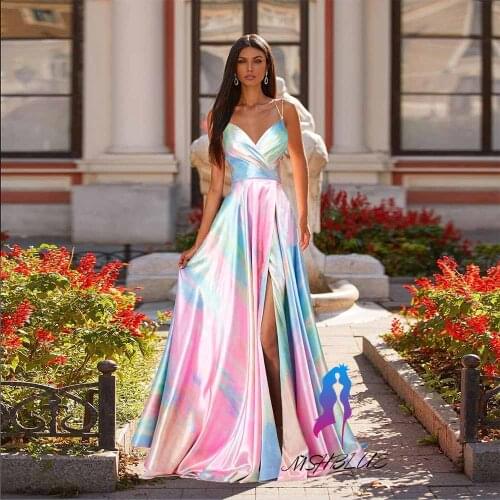 2021 Designer Sexy Colorful Printing Prom Dresses High Slit Straps Sleeveless Silk Satin Women Party Gown Back Zipper Vestidos