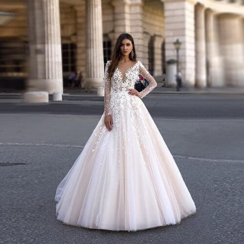 2020 Vintage Scoop Neck Applique Lace Beaded A-line Wedding Dress Long Sleeve Sweep Train Tulle Bridal Gowns robe de mariee