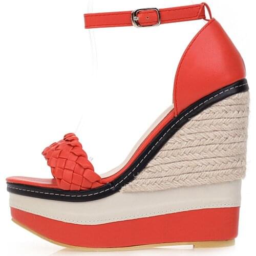 Summer High heels Wedges Sandals Bohemia Ankle Buckle Strap straw Ladies boots Women Fashion Green Red Waterproof Womens shoes