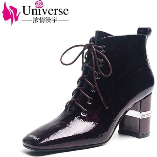 Universe New Chelsea Square Toe High Heel Ankle Botines Modern Stylish Lace-up Zipper Boots Women Novelty PU Women Shoes J286