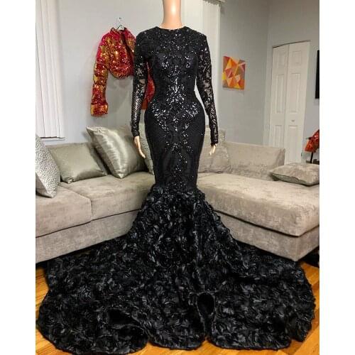 Black Long Prom Dresses 2020 African Black Girl Sexy Sequin Top 3D Flowers Long Sleeve Mermaid Prom Dress