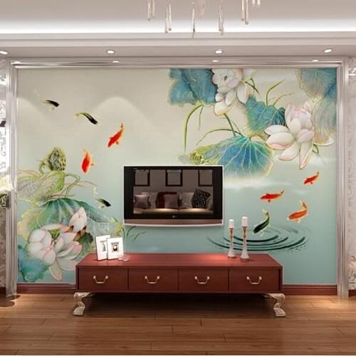 Water Lily Floral Wallpaper Photo Mural 3D Chinese Style Painting Fish Murals for Living Room TV Backdrop