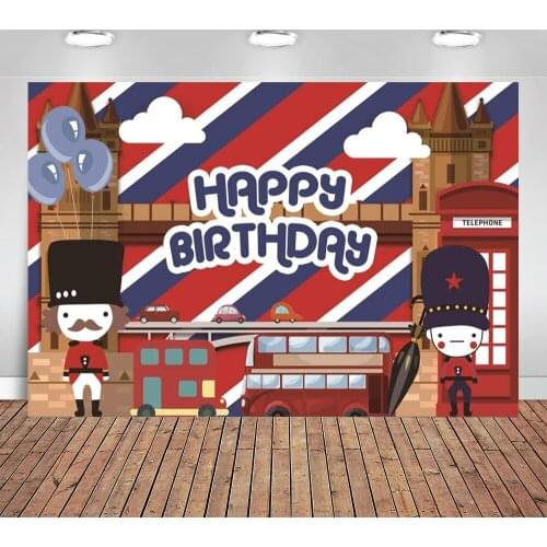 Cartoon Happy Birthday Backdrop Cartoon London Bridge Backdrop London Bus Balloon London Backdrop for Photography Background