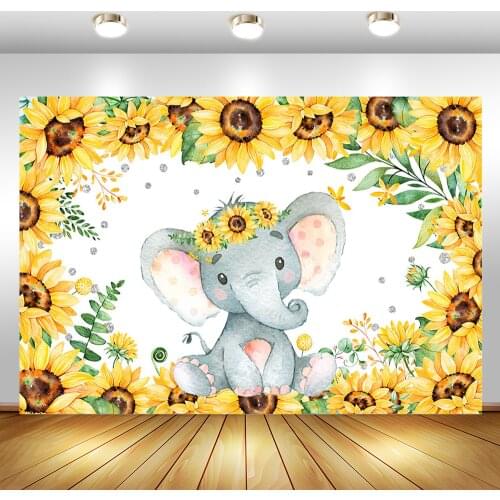 Elephant Baby Shower Backdrop Green Leaf Yellow Sunflower Girl Birthday Party Background for Photography Flash Silver Dot Banner
