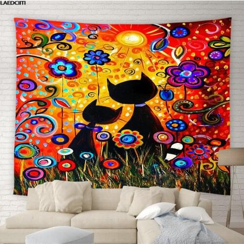Hippie Tapestry Colorful Cartoon Black Cat Hand Painted Plant Flowers Background Wall Cloth Living Room Child Bedroom Home Decor