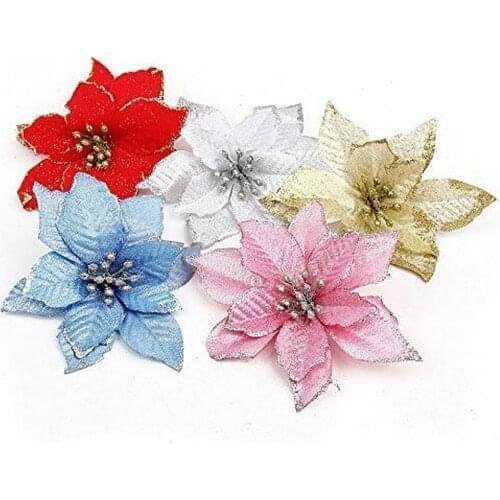 Artificial Flowers For Decoration Glitter Poinsettia Fake Flowers DIY Home Wedding Decoration Flower Head Christmas Tree Decor