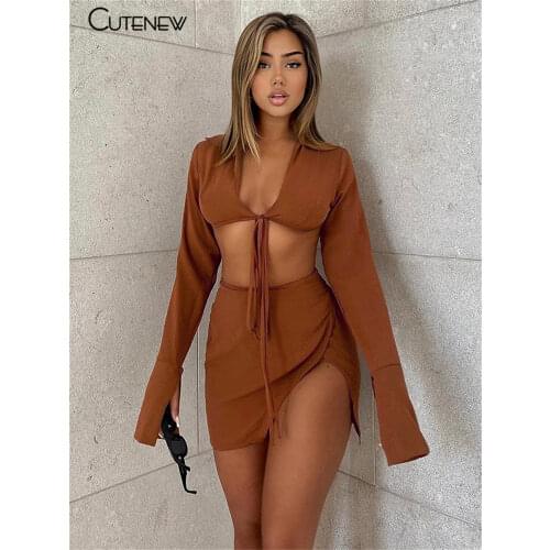 Cutenew Solid Two Piece Set Women Outfits Sexy V-Neck Long Sleeve Lace Up Tops+Side Slit Mini Skirts Summer Club Party Lady Suit