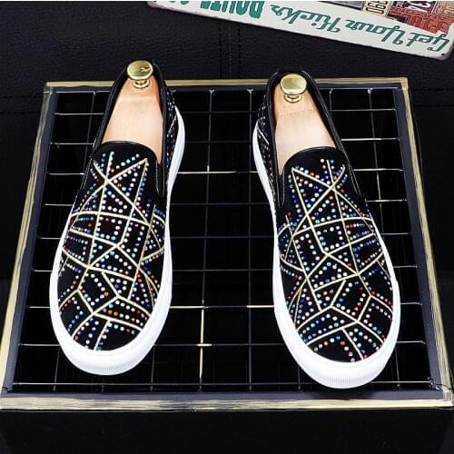 Mens fashion punk nightclub wear soft leather shoes slip on lazy shoe rhinestone flats platform sneakers breathable loafers man