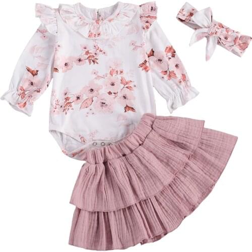 0-24M Baby Girl Clothing O Neck Long Sleeve Flower Print Falbala Romper Solid Color Pleated Bubble Skirt+Bow Headband 3pcs
