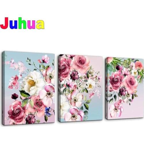 3 Piece Diamond Painting Pink White Flowers Diy handwork Embroidery Full square round drilling 5d Puzzle Mosaic Plant Floral