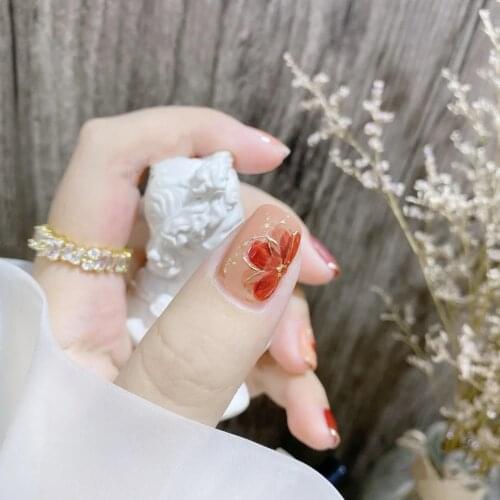 24pcs Fake Nails With Glue Red Blooming Flower Wear Short Paragraph Fashion Manicure Patch False Nails Wearable Nail Patch DL