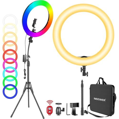Neewer 18-inch RGB Ring Light with Stand, Dimmable Bi-Color CRI 95+ LED Ring Light with 0-360 Full Color for Makeup/Vlog/YouTube