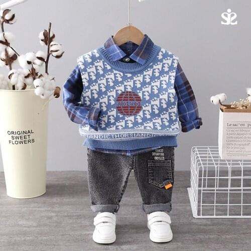 New Fashion Autumn Children Boys Girls Gentleman Kids Sweater Vest Jacket Strips T-shirt Pants 3Pcs/Sets Baby Clothing Tracksuit