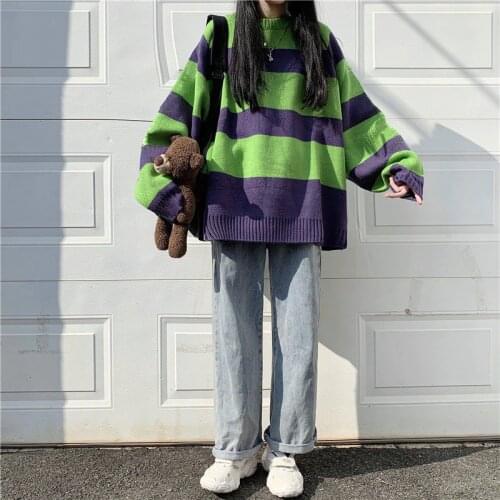 Autumn loose striped round neck long sleeve pullover sweater knitted sweater simple fashion sweater women