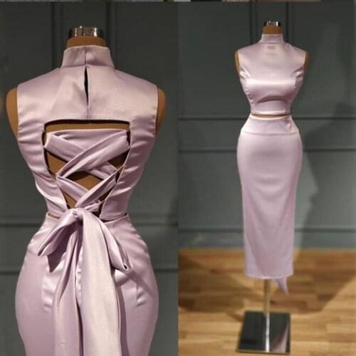 Lace Up Style Two Pieces Prom Dresses Lavender Satin Sleevelesss Short Evening Gowns Cocktail Formal Party Dress 2021