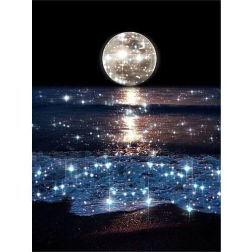 Full Square Drill Diamond Embroidery Mosaic Moon Night Ocean Diamond Painting 5d Landscape Set Home Decor