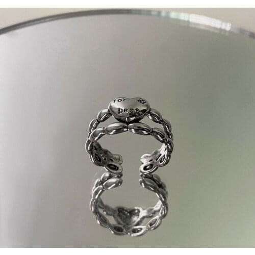 Origin Summer Hyperbole Adjustable Double Layer Love Heart Letter Ring for Women Textured Metal Open Index Finger Ring Jewelry