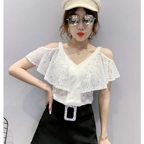 Lace T-Shirt Women Off Shoulder Fit Tees Ladies V-Neck 2021summer Casual Elegant Tops T-Shirts Women Large size Short sleeve